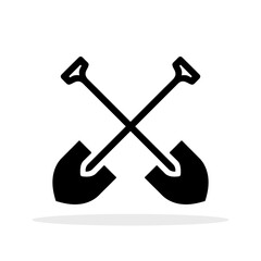 Shovel icon. Crossed shovels symbol. Black icon of shovel isolated on white