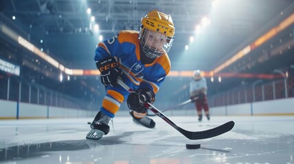 Young ice hockey player in a yellow uniform skillfully handling the puck in an indoor rink