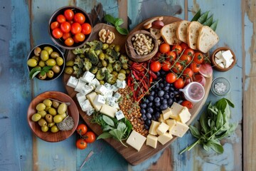 Overhead shot of a bountiful Mediterranean spread featuring fresh vegetables, assorted cheeses, and roasted nuts