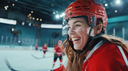 Joyful female hockey player with helmet on ice rink, teammates in background