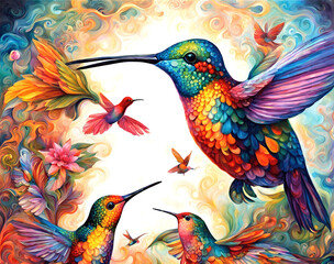 Obraz premium Psychedelic Ayahuasca Dream, Amazon and Rain forest, Hummingbird