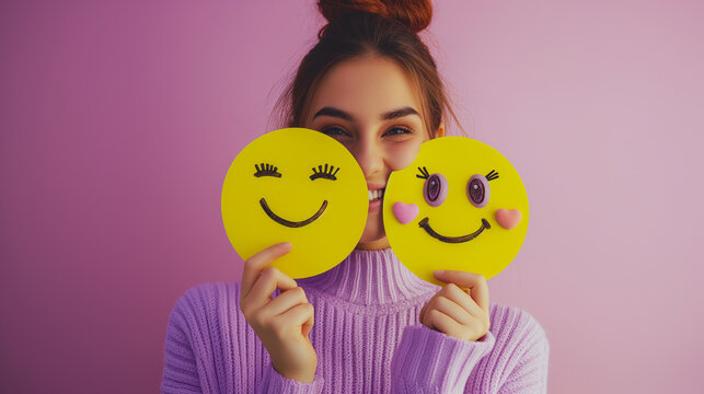 A woman is holding two yellow smiley faces in front of her face
