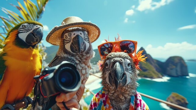 Two parrots with a camera on the background of the sea