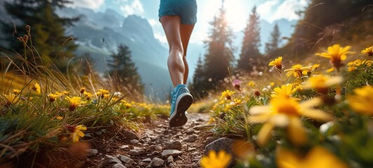 Hiking in the mountains. Female legs with sports shoes and backpack running on a trail mountain - obrazy, fototapety, plakaty
