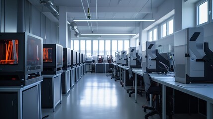 Naklejka na ściany i meble Modern Laboratory: Well-lit Workspace with Multiple Technical Workstations