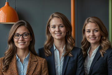 Un grupo de tres mujeres está de pie junto a cada una en un entorno de oficina.
