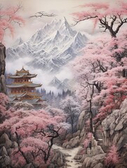 Majestic Peaks: Vintage Mountain Temple Wall Art - Nature Scene