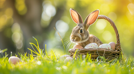 Fototapeta na wymiar A rabbit perches alertly beside a wicker basket filled with painted Easter eggs on a sun-drenched grassy field.