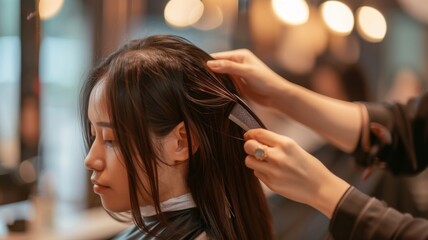 Hairdresser attentively styling a client's hair in a salon environment