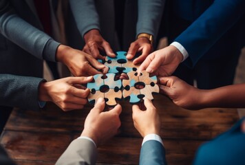 Group of hands joining puzzle pieces together symbolizing teamwork - obrazy, fototapety, plakaty