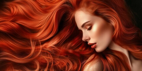 Luxurious red hair flowing freely, showcasing vibrant color and volume - obrazy, fototapety, plakaty