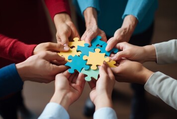 Close-up of a group solving a puzzle together, symbolic of teamwork - obrazy, fototapety, plakaty