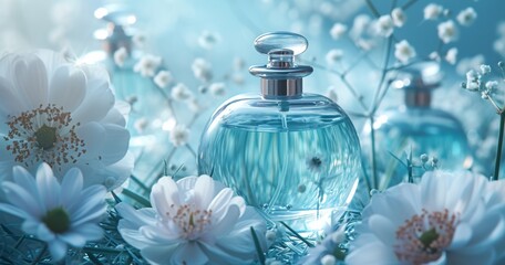 Obraz na płótnie Canvas catrice perfume bottles with flowers and blue grass