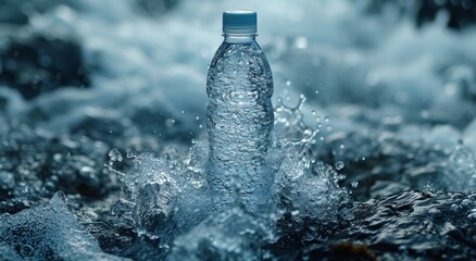 A frozen thirst quenched by the natural embrace of winter's frost, as a water bottle splashes into the fluid depths of nature's liquid bounty - obrazy, fototapety, plakaty