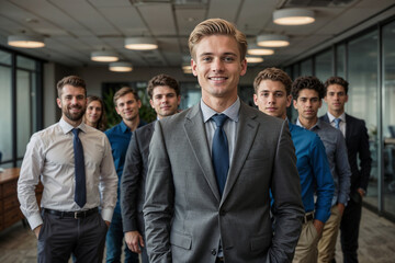 Un hombre de negocios joven ejerce de lider frente a un grupo de hombres en ambiente corporativo