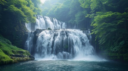 Cascading waterfalls generating hydroelectricity, surrounded by lush greenery - obrazy, fototapety, plakaty