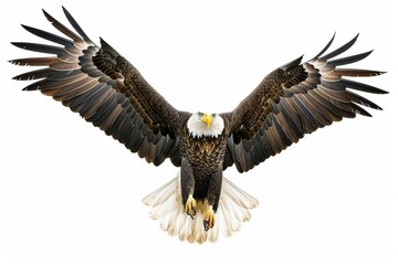 A bald eagle soars with spread wings on white background