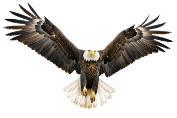 Obraz premium A bald eagle soars with spread wings on white background