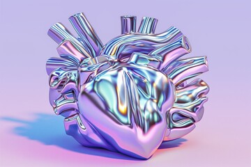 Metallic Human Heart Sculpture in Holographic Style