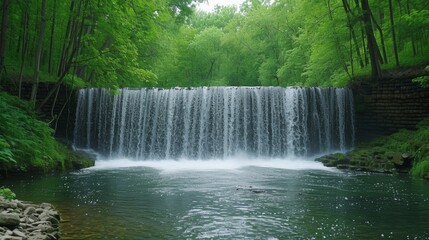 Cascading waterfalls generating hydroelectricity, surrounded by lush greenery