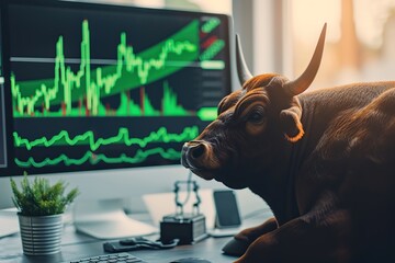Big bull sitting near computer screen with green stock market. Bull market