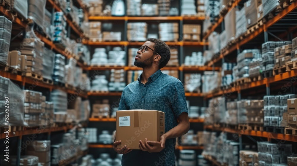 Poster A salesman checking scan box in a hardware warehouse. Generative AI.
