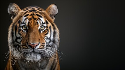 Intense gaze of a tiger on a stark black background