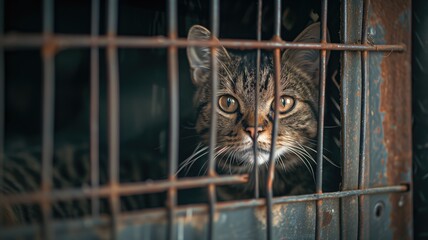 Curious cat peering through a rusty cage, eyes full of yearning