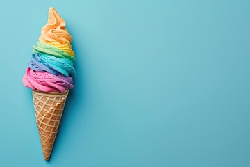 Colorful ice cream in waffle cone on blue background