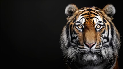 Close-up of a tiger's face with striking eyes against a dark backdrop