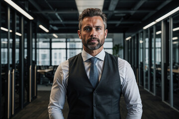 Un hombre viste un elegante traje y corbata mientras se encuentra de pie en una oficina. - obrazy, fototapety, plakaty