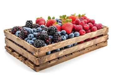 Fresh ripe berries in wooden crate on white background