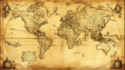 Fototapeta na wymiar Sepia-toned vintage world map with elaborate borders