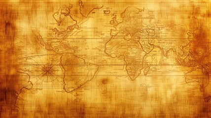A vintage world map printed on parchment, showcasing cartographic detail and history - obrazy, fototapety, plakaty