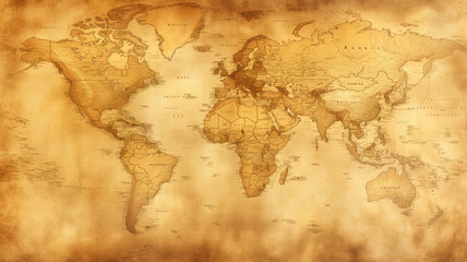 An antique-style map with a sepia-tone, depicting a vintage world map with stylized typography and cartography