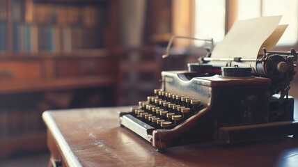Vintage typewriter on wooden desk, nostalgic