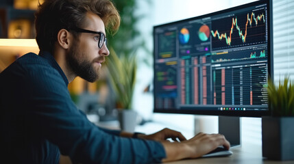 Investor researching investment opportunities on a desktop computer, finance and investment. Generative AI.