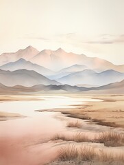 Obraz premium Muted Watercolor Mountain Ranges and Coastal Beach Scenes: Captivating Watercolor Art with Serene Coastal Landscapes.
