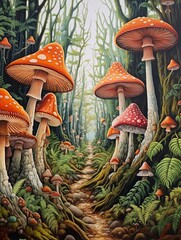 Whimsical Mushroom Vintage Painting: Nature Art for Woodland Wall Decor in Enchanting Forest Imagery