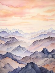 Dawn Painted Watercolor Peaks: Muted Mountain Ranges at Sunrise