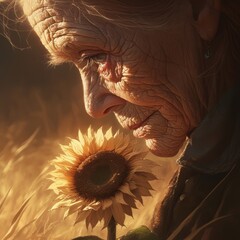 An elderly woman's senses come alive as she inhales the sweet, vibrant scent of a sunflower, evoking memories of youth and a love for all things blooming