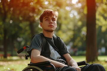 Fototapeta premium Young man in wheelchair in the park