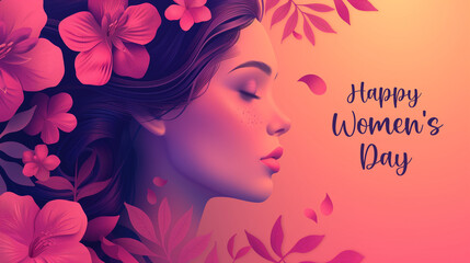 Happy womens day poster girl silhouette with flowers