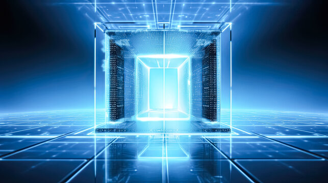 An abstract illustration featuring neon lights glowing and reflecting on water