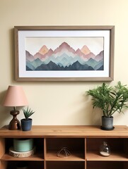 Calm Muted Watercolor Mountain Ranges Framed Landscape Print - Artful Watercolor Peaks Frame