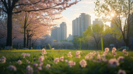  Sunrise Through Cherry Blossoms in a Lush Urban Park