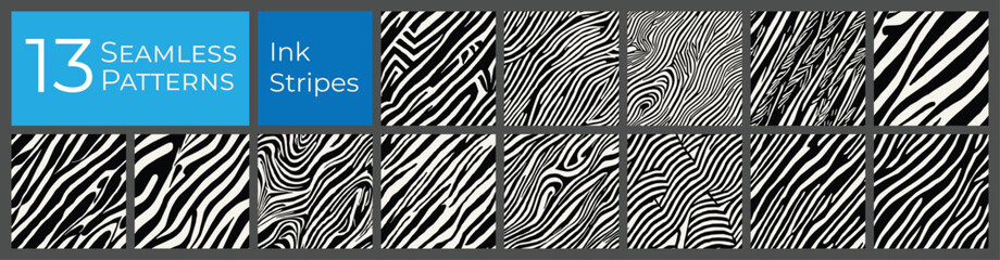 Diagonal lines seamless zebra pattern set. Abstract deco graphic background. Ink painted vector pattern collection.