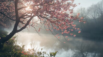  Blossoming Cherry Trees Shrouded in Mist Along a Tranquil Lake