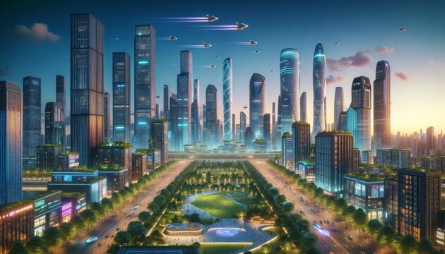  Futuristic Cityscape with Lush Parks and Hovering Vehicles at Dusk