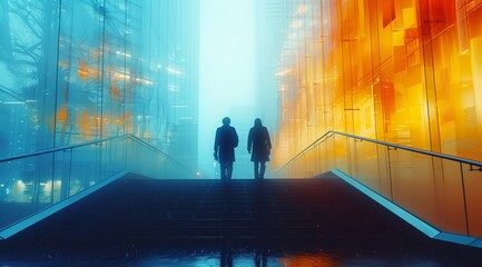 A couple's ascent through a misty metropolis reveals the vibrant artistry of light in a city shrouded in mystery